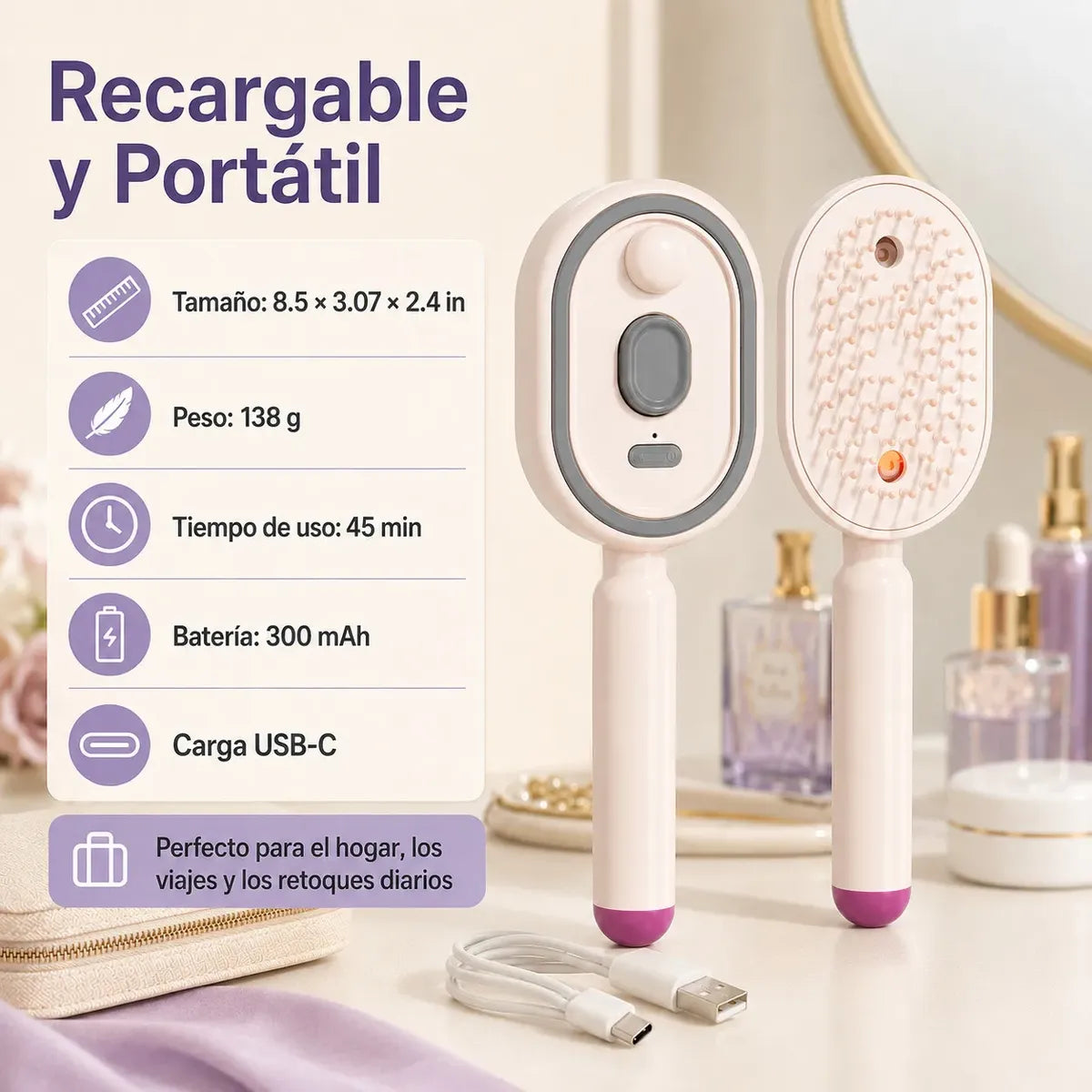 Cepillo desenredante eléctrico con pulverizador